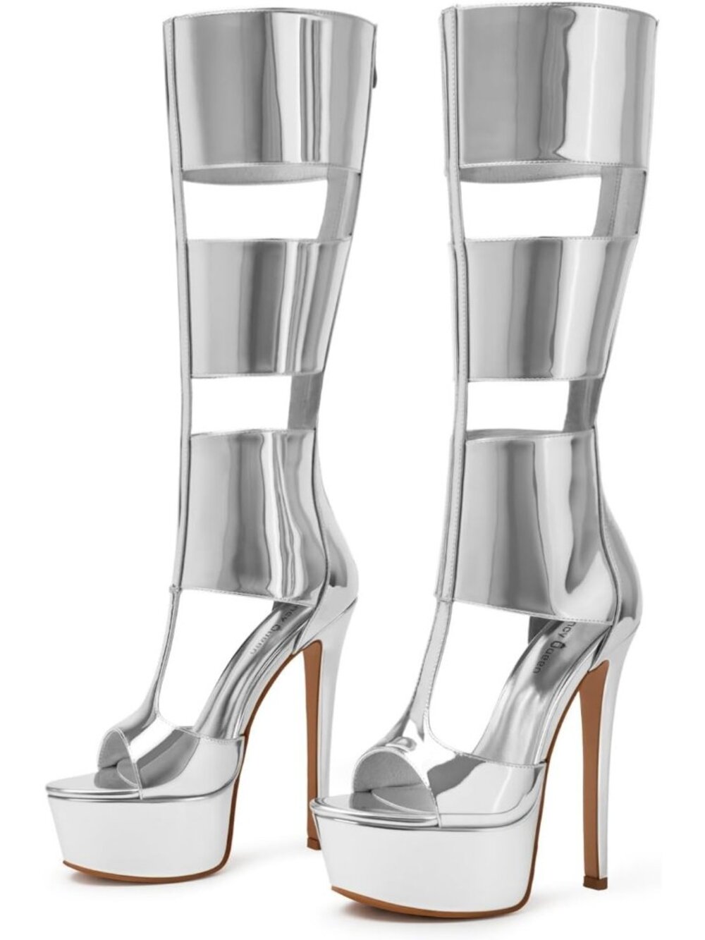 Women's Silver Knee High Heel Gladiator Open Toe Summer Boots Black Heels Sandal